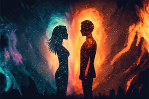 Man and woman silhouettes at abstract cosmic background. Human souls couple in love. Astral body, esoteric and spiritual life concept photo