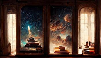 A full size bookshelf beside a window of a rococo style spaceship, milkyway outside the window, classic indoor ambient light, Interior of Magic Library, ornamental glass window. photo