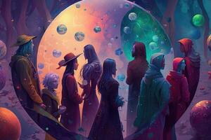 a multiverse of speech, a fantasy world where everyone can talk, with a lot of poetry, colorful, diverse avatars interacting with each other. photo