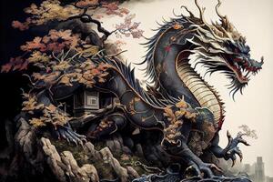 A highly detailed image of powerful dragon showing their full body, the character style will represent japan or Asian. Illustration of ancient asian dragon on black background. photo