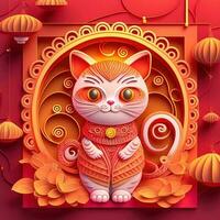 Paper cut quilling multidimensional chinese style cute zodiac cat with lanterns, blossom peach flower in background, chinese new year. Lunar new year 2023 concept photo