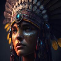 native american woman in ceremonial head dress, reflection of the silhouette of tribal ancestors in her eyes. Close up of colorful dressed native woman isolated on black background. photo