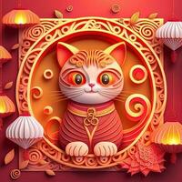 Paper cut quilling multidimensional chinese style cute zodiac cat with lanterns, blossom peach flower in background, chinese new year. Lunar new year 2023 concept photo