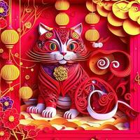 Paper cut quilling multidimensional chinese style cute zodiac cat with lanterns, blossom peach flower in background, chinese new year. Lunar new year 2023 concept photo