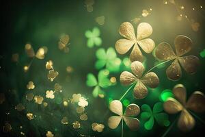 Festive background with shining clover shamrocks and golden bokeh. St. Patrick's Day backdrop. illustration photo