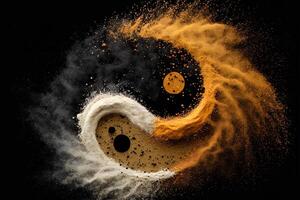 Golden and black yin yang symbol with floating powder on black background. abstraction, Buddhism, Hinduism, symbol, religion, balance concept. photo