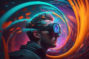 illustration of an enthusiastic young man wearing virtual reality goggles is inside the metaverse. Metaverse concept and virtual world elements. Games and entertainment of the digital photo