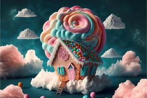 Christmas decorations with colorful gingerbread pink house and colorful candy on white cloud. Winter holidays new year and xmas composition. Amazing fairy Christmas house. photo