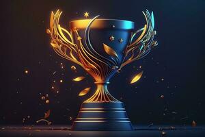 Champion golden trophy with gold stars on blue dark background. Generation AI. Concept of success and achievement. Gold glitters explosion. photo