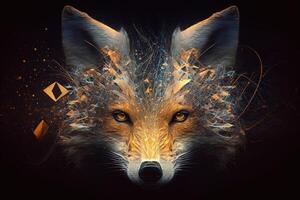 Fantasy Raster Image of Fox Face with Golden Spot, Animal face in the depths of galaxies and stars fox photo