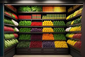 Vegetable farmer market counter colorful various fresh organic healthy vegetables at grocery store. Healthy natural food concept. photo