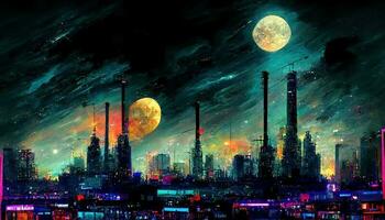 Streets of cyberpunk city, colorful city lights neon signs futuristic steampunk shops, people walking on the street. Industrial cyberpunk neon night city skyline view digital illustration photo