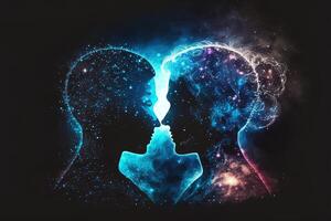 Man and woman silhouettes at abstract cosmic background. Human souls couple in love. Astral body, esoteric and spiritual life concept photo