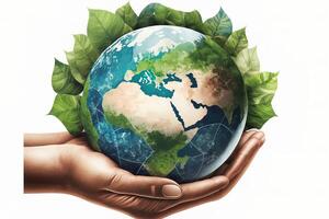 Hand holding earth with recycle symbol in middle. Green energy concept, no more trash and plastic in sea. Save the ocean from garbage. Protecting the oceans and seas. Eco power photo