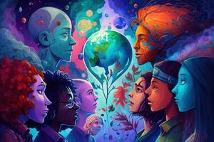 a multiverse of speech, a fantasy world where everyone can talk, with a lot of poetry, colorful, diverse avatars interacting with each other. photo