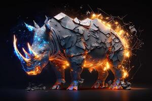 fusion of metal Rhino exploding through fire surrounded by scattered glass shards and debris, cosmic energy photo