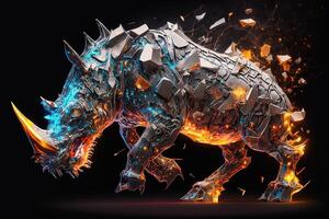 fusion of metal Rhino exploding through fire surrounded by scattered glass shards and debris, cosmic energy photo