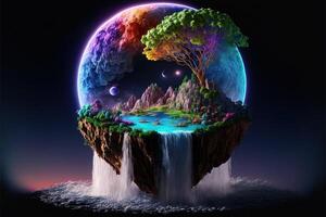 floating island with waterfalls, moon, bright galaxy, small shining colourful crystals growing on the island, bright stars, cloud waterfall, glistening rainbow water. Sci fi planet photo