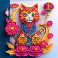 Paper cut quilling multidimensional chinese style cute zodiac cat with lanterns, blossom peach flower in background, chinese new year. Lunar new year 2023 concept photo