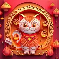 Paper cut quilling multidimensional chinese style cute zodiac cat with lanterns, blossom peach flower in background, chinese new year. Lunar new year 2023 concept photo