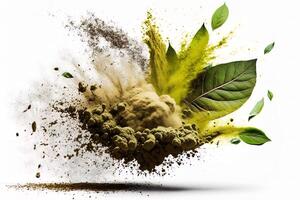 powder flavored explosion white background with kratom leafs mockup for matcha tea. photo