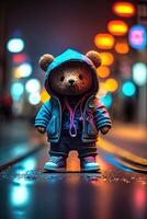 toy cute Bear in clothes jacket and sneakers on street background with neon lighting, photo