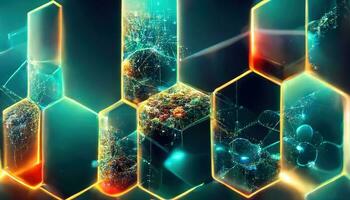 3d abstract tech background. Floating Numbers HUD Background. Matrix particles grid virtual reality. Smart build. Grid core. Hardware quantum form. Future technology. Decoding dna photo