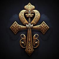 Ancient golden ankh symbol isolated on dark background. Illustration of an Egyptian cross in digital form. The ancient Egyptians used the Ankh as a symbol for eternal life. photo