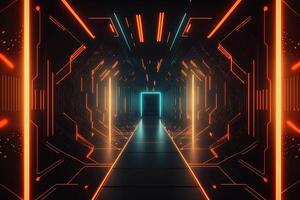 Abstract neon lights into digital technology tunnel. Futuristic technology abstract background with lines for network, big data, data center, server, internet, speed. technology photo