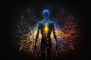 astral cuerpo silueta con resumen espacio antecedentes. esotérico, espiritual vida y meditación concepto. vida futura y conexión con otro mundos creado con generativo ai foto