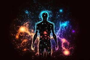 astral cuerpo silueta con resumen espacio antecedentes. esotérico, espiritual vida y meditación concepto. vida futura y conexión con otro mundos creado con generativo ai foto