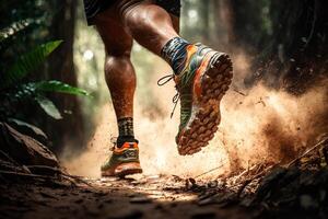 Close-up at the runner feet is running on the dirt route at the jungle, street and road. Trail running sport action and human challenge concept. photo