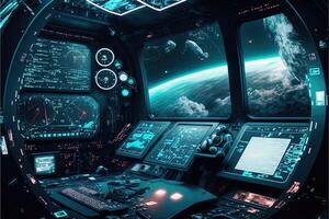 Futuristic navigation system, AR space, floating in the space, flat design, information graphic. Sci-fi space exploration concept. Inside view of the sci-fi cabin of the pilot . photo