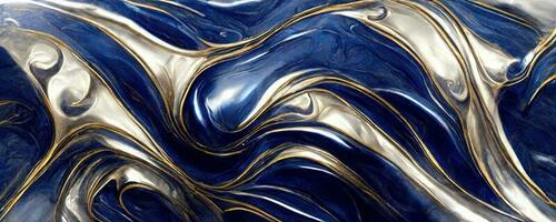 Spectacular abstract glistening blue and metallic silver solid liquid waves. Swirling golden and blue pastel pattern, shining silver color, marble geometric, vintage photo