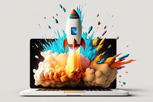 Rocket coming out of laptop screen, white background. AI digital illustration concept of ideas and start up. photo