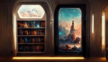 A full size bookshelf beside a window of a rococo style spaceship, milkyway outside the window, classic indoor ambient light, Interior of Magic Library, ornamental glass window. photo