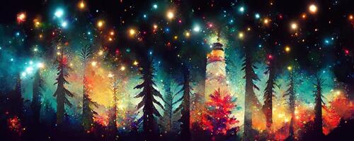 artistic colorful mosaic pattern christmas tree forest milky way at the background. Collage contemporary print with trendy decorative mosaic pattern with different colors, modern art. photo