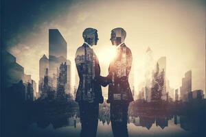 The double exposure image of two business man shaking hand with cityscape image. The concept of modern life, business, city life and internet of things. photo