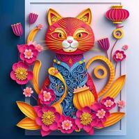 Paper cut quilling multidimensional chinese style cute zodiac cat with lanterns, blossom peach flower in background, chinese new year. Lunar new year 2023 concept photo