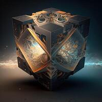 tesseract with fractal design in order and chaos. Abstract multiverse world with cubic . Creative surreal earth environment by puzzle artwork construction photo