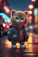 toy cute cat in clothes jacket and sneakers on street background with neon lighting, photo