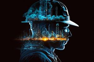 Conceptual graphic design of an energy sector and future manufacturing. With double exposure artwork, an oil, gas, and petrochemical refinery facility demonstrates the future of power. photo