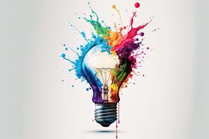 illustration of colorful bulb with splash of colors on white background. Creativity, eureka, imagination, inspiration. . Idea and solution concept photo