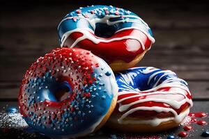 Red, White, and Blue Doughnuts with Glaze. . Fresh sweet donuts in motion with multicolored fruit glaze and sprinkles decorated. Fast sweet food concept, bakery ad design elements. photo