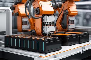 Interior of industry factory, Robot assembly line with electric car battery cells module on platform. photo