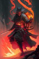A samurai in a demonic red mask on the battlefield makes a swing with a katana creating a sizzling fire ring around, he is a mystical martial. illustration painting photo