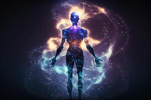 astral cuerpo silueta con resumen espacio antecedentes. esotérico, espiritual vida y meditación concepto. vida futura y conexión con otro mundos creado con generativo ai foto