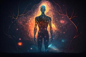 astral cuerpo silueta con resumen espacio antecedentes. esotérico, espiritual vida y meditación concepto. vida futura y conexión con otro mundos creado con generativo ai foto