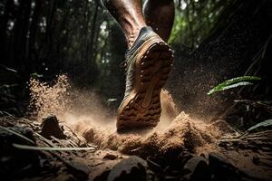 Close-up at the runner feet is running on the dirt route at the jungle, street and road. Trail running sport action and human challenge concept. photo