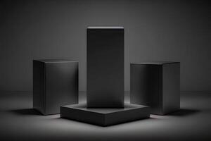 Elegant three black cube stand for product placement mockup. Dark podium exhibition scene background. Minimal box platform showroom with spot light photo